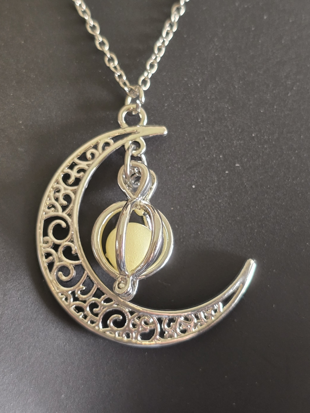 Silver Crescent Moon Necklace with Yellow Orb Pendant New 9 Inch